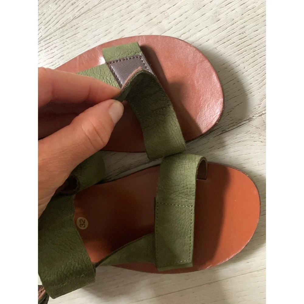 PePe Kids Olive Green Leather‎ Sandals Made in Italy Size 32 EU Hook Loop Straps